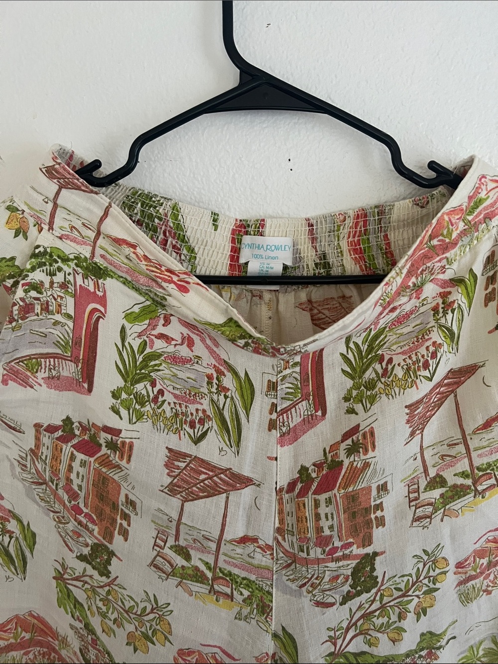 Cynthia Rowley Cream Wide-Leg Linen Pants with Pink & Green Scenic Print